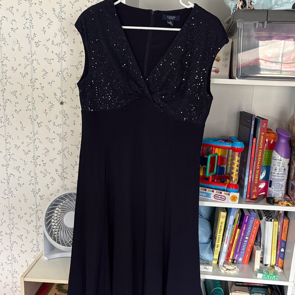 Chaps Navy Sequin-Accented Midi Dress